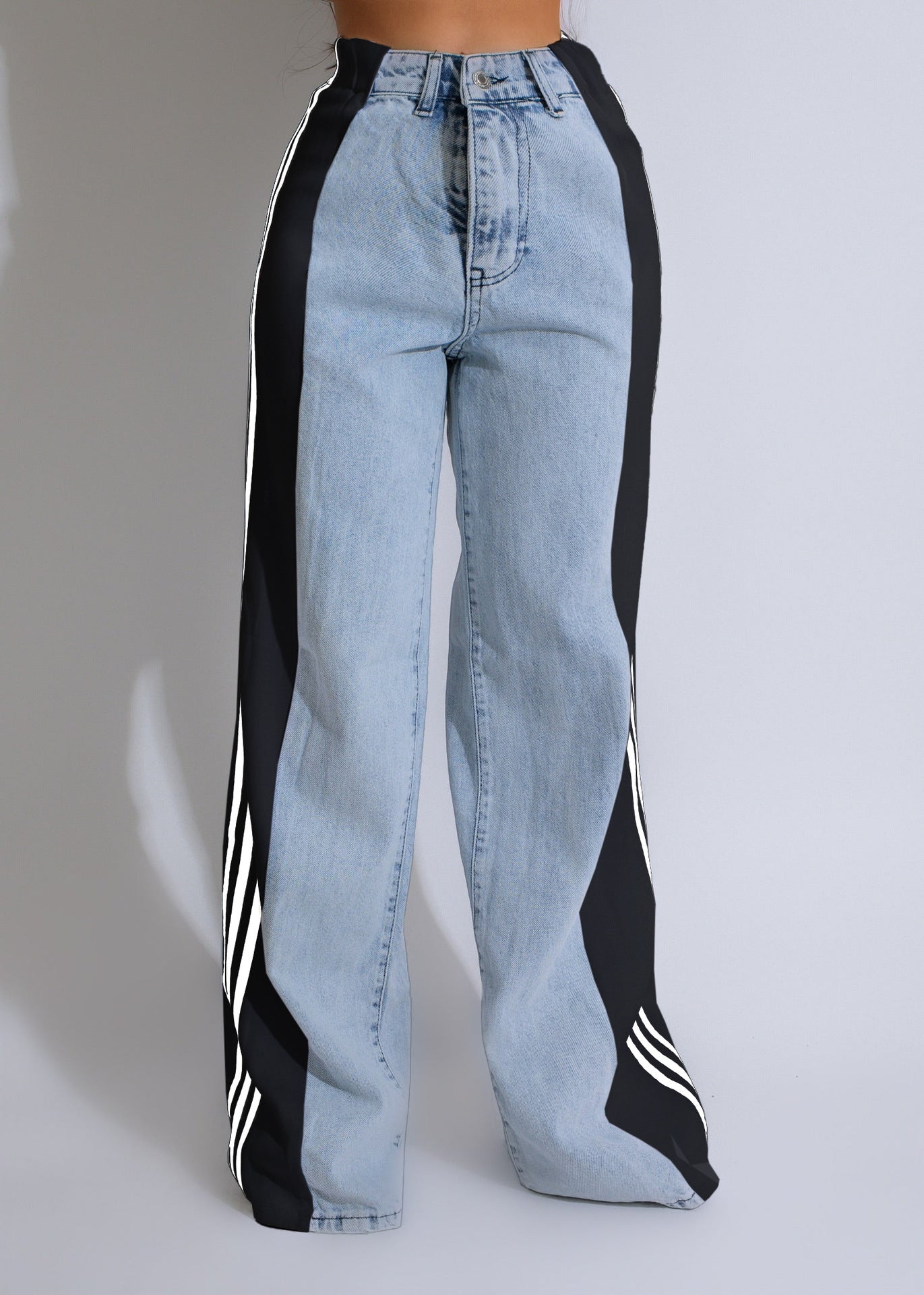 2024 Fashion Casual High Waist Elastic Straight Leg Trousers Three Stripe Patchwork Denim Wide Leg Pants Streetwear - Pickkart