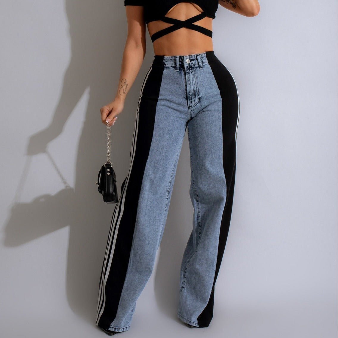 2024 Fashion Casual High Waist Elastic Straight Leg Trousers Three Stripe Patchwork Denim Wide Leg Pants Streetwear - Pickkart