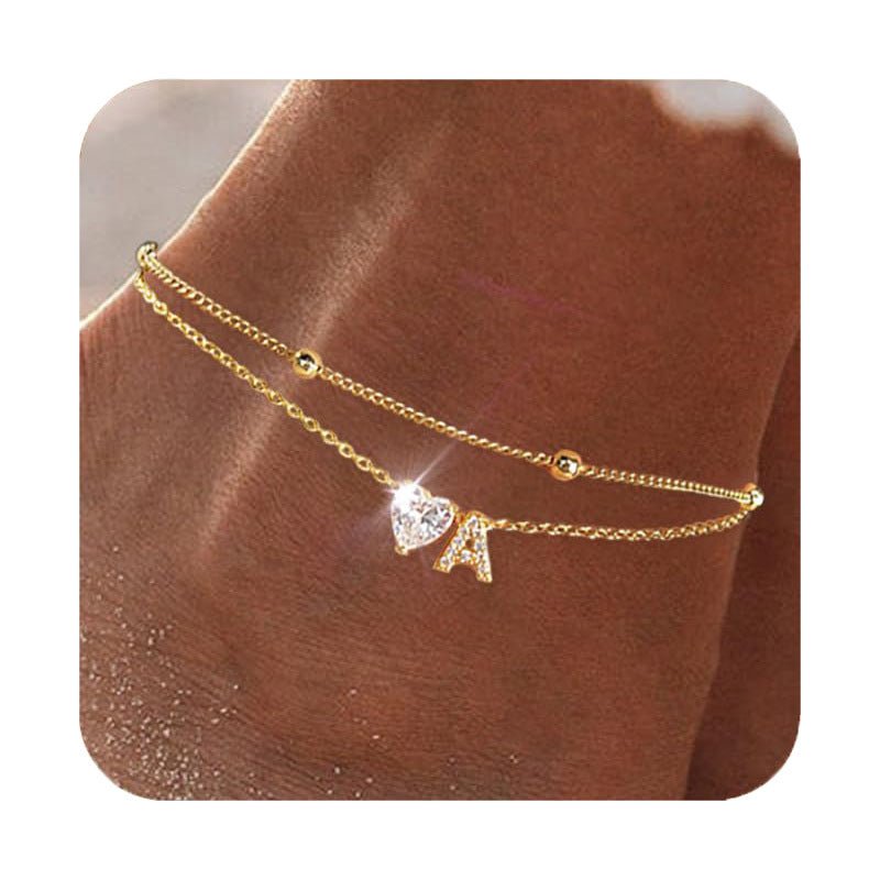26 Letters Loving Heart Zircon Inlaid Layered Anklet - Pickkart
