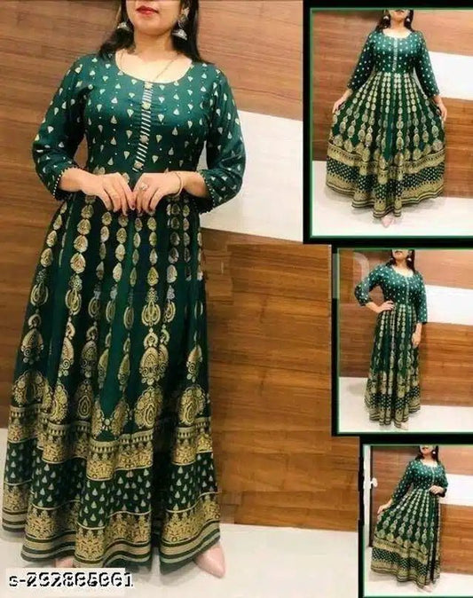 Anarkali Rayon Printed Kurti for Women (Bottle Green & Gold, M) - Pickkart