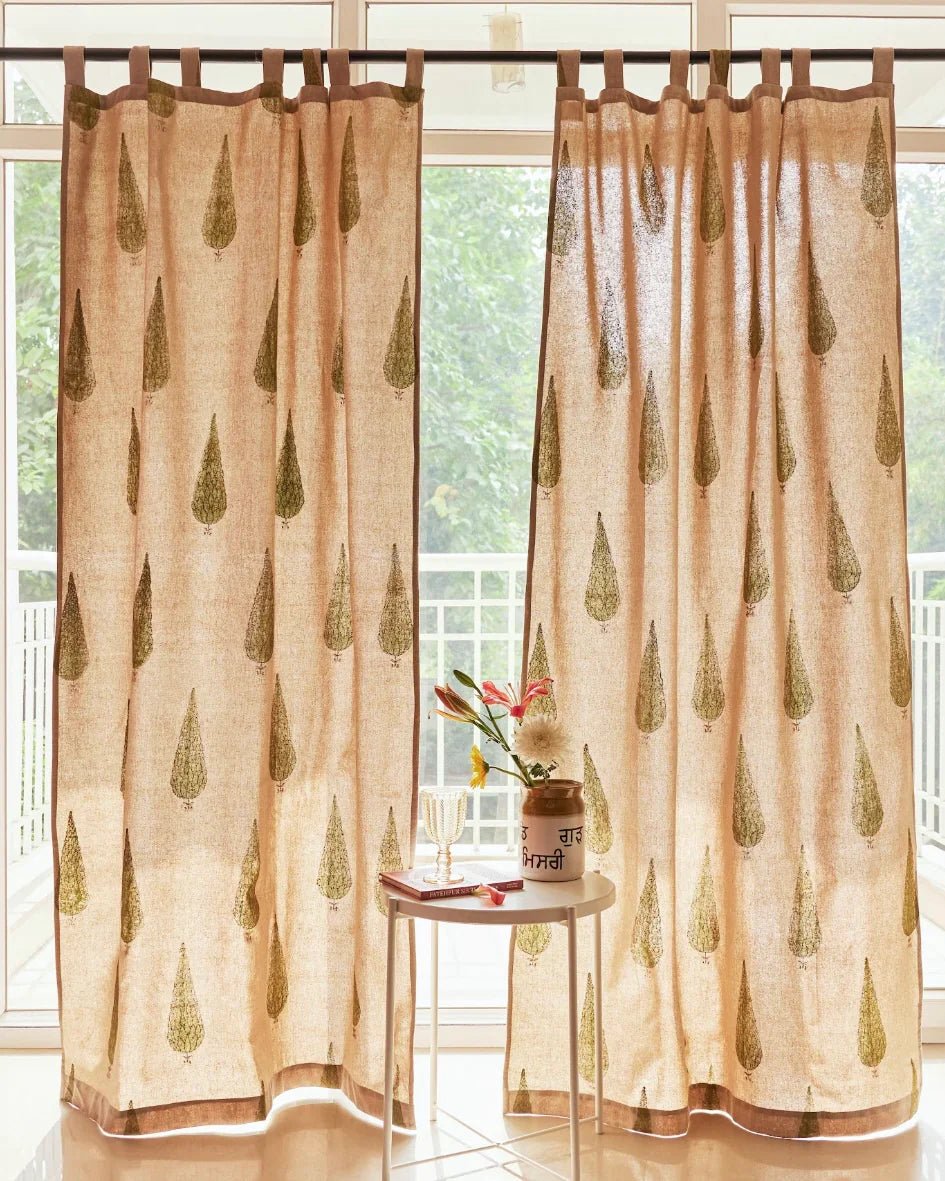 Beige & Green Hand Block Printed Linen Curtains | Cypress Tree Design - Pickkart