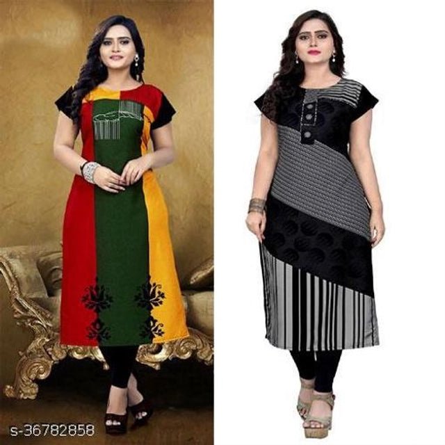 Crepe Printed Kurti for Women (Green & Grey, M) (Pack of 2) - Pickkart