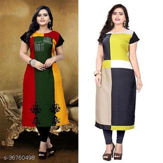 Crepe Printed Kurti for Women (Green & Yellow, M) (Pack of 2) - Pickkart