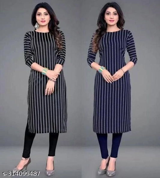 Crepe Striped Kurti for Women (Black & Blue, S) (Pack of 2) - Pickkart