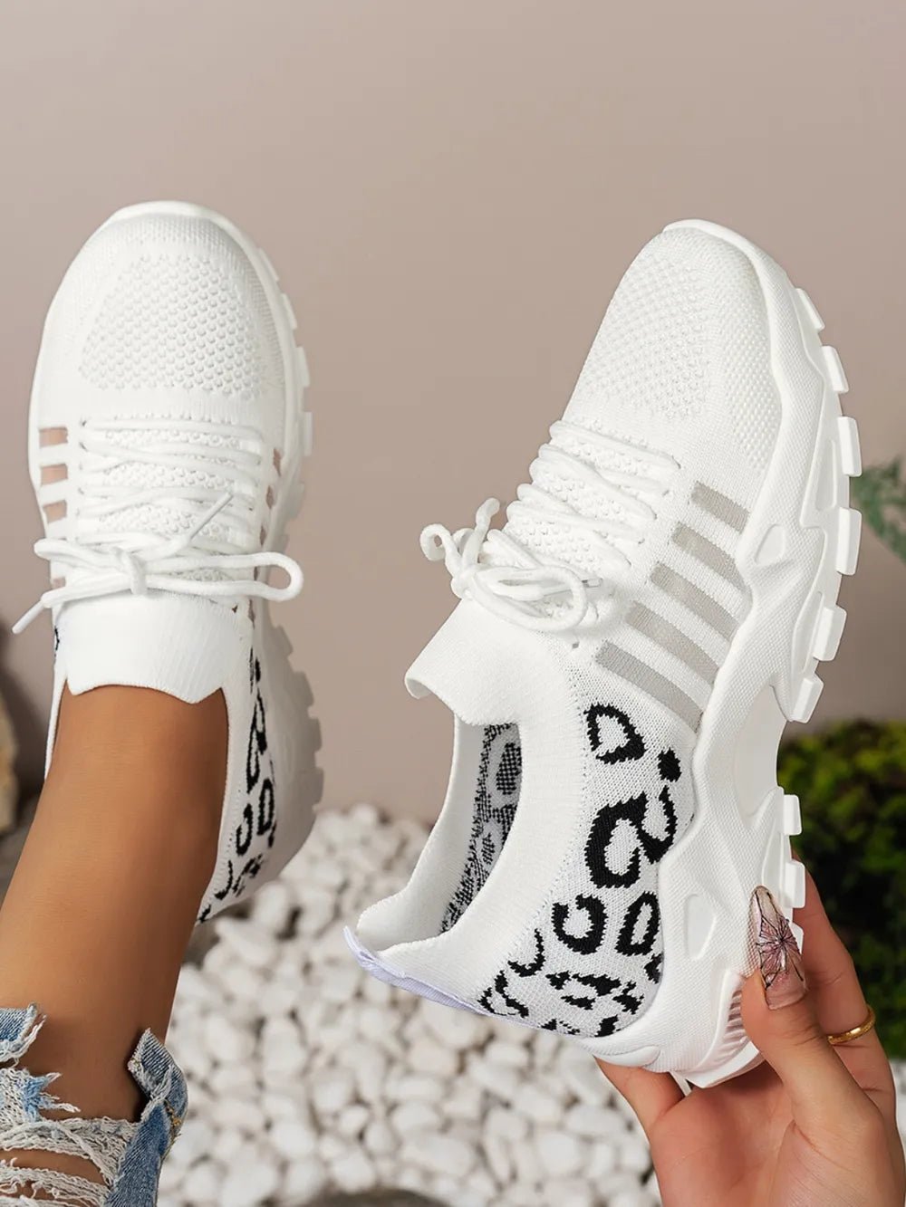 Cutout Leopard Lace Up Mesh Athletic - Pickkart