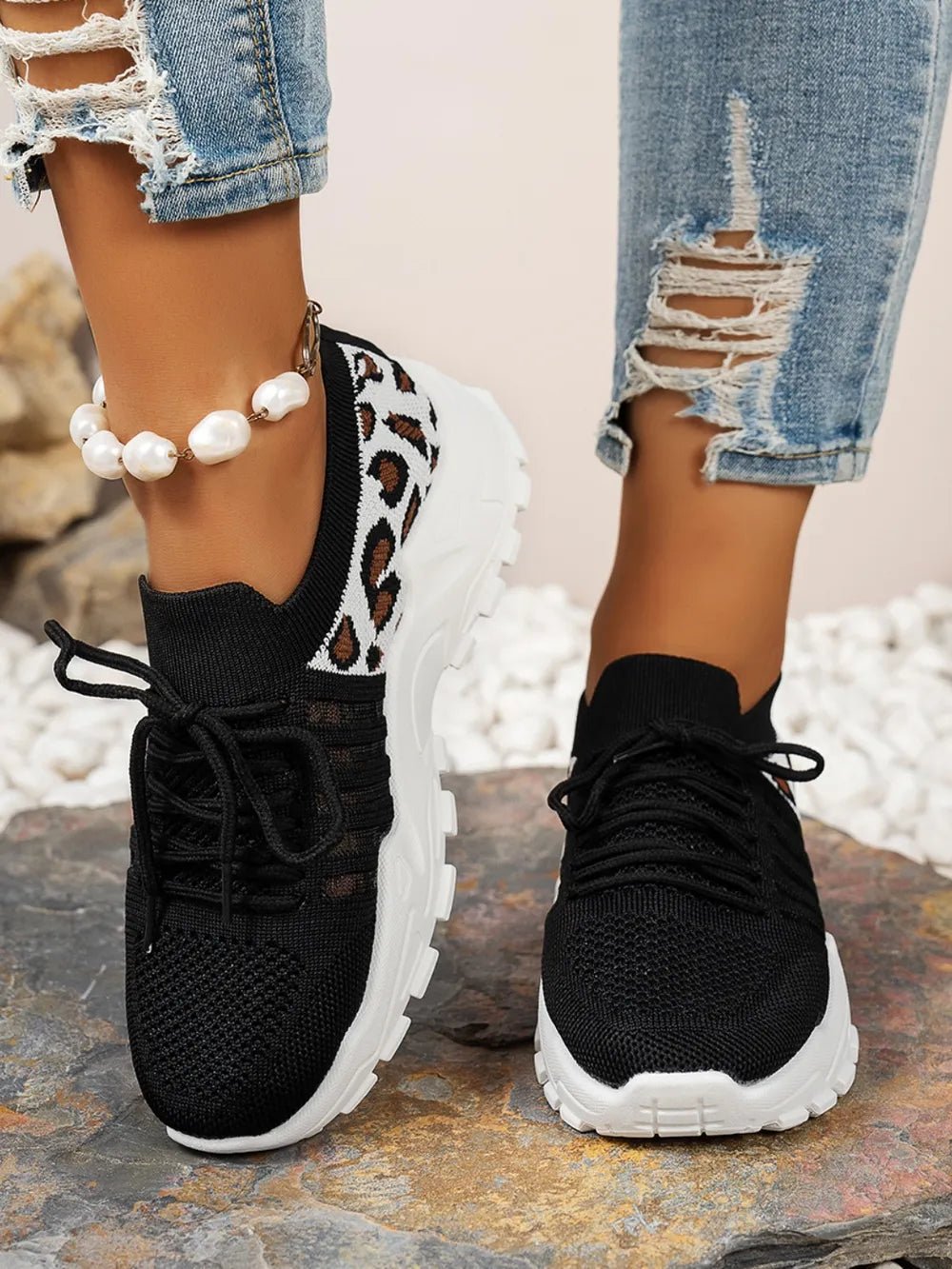 Cutout Leopard Lace Up Mesh Athletic - Pickkart
