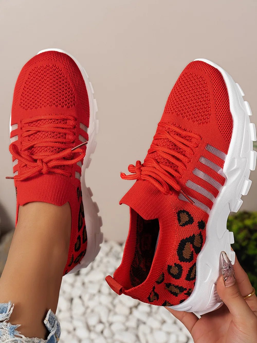 Cutout Leopard Lace Up Mesh Athletic - Pickkart