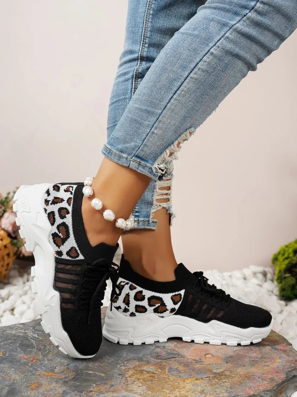 Cutout Leopard Lace Up Mesh Athletic - Pickkart