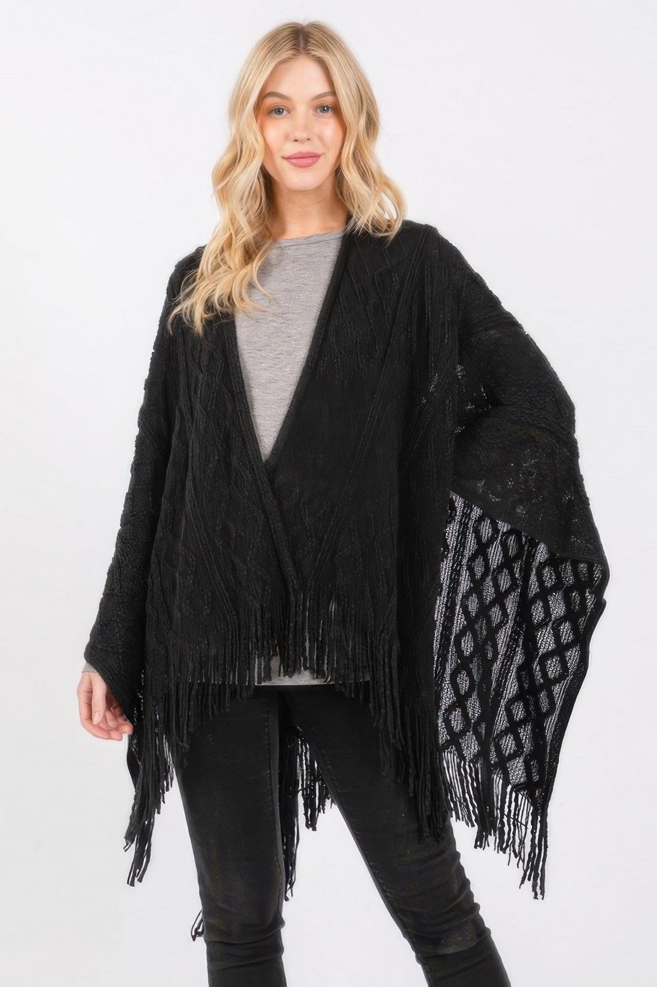 Diamond Pattern Tassel Knit Ruana - Pickkart