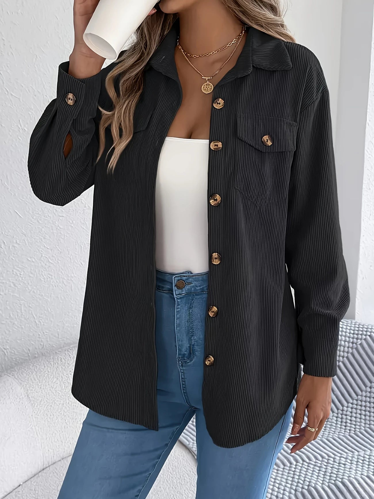 European And American Corduroy Striped Mid - length Coat Shirt - Pickkart