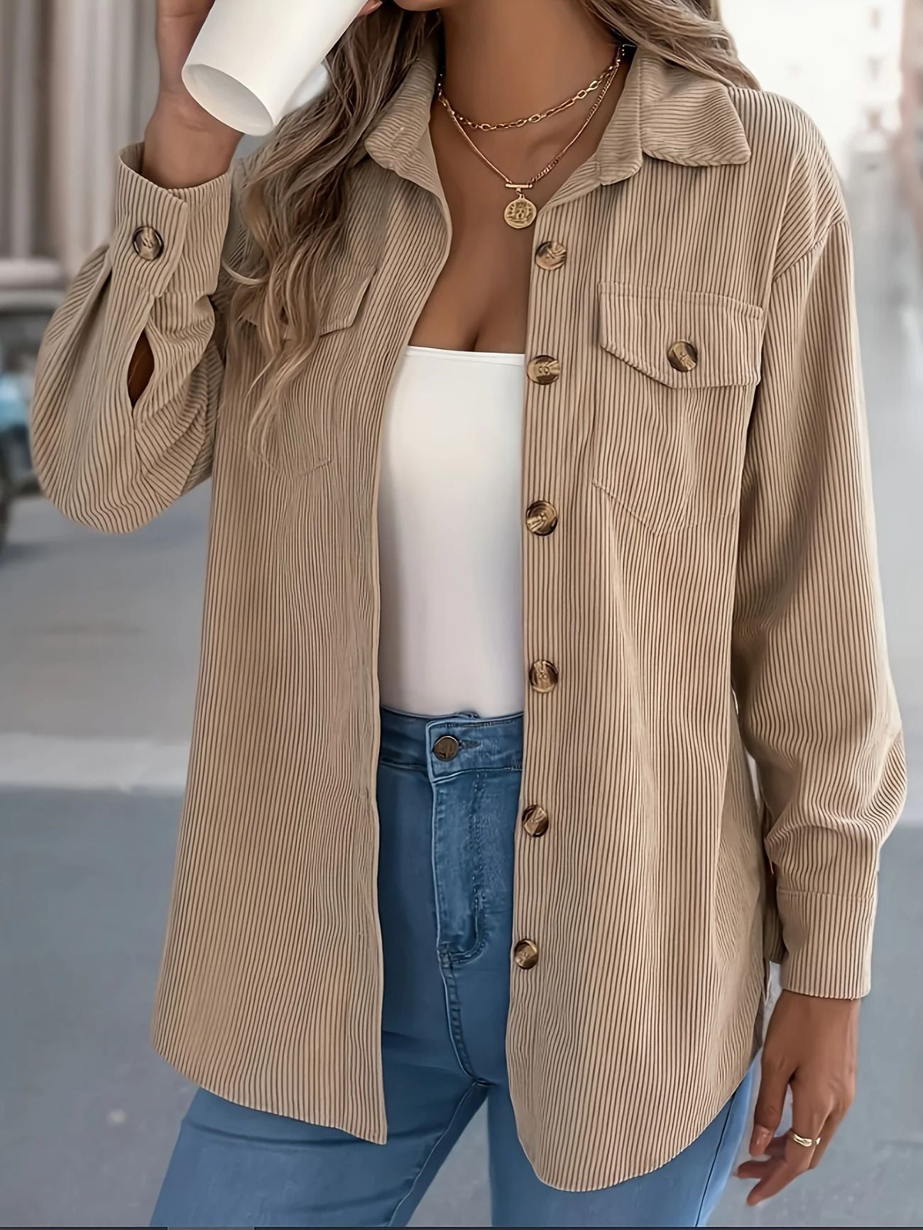 European And American Corduroy Striped Mid - length Coat Shirt - Pickkart