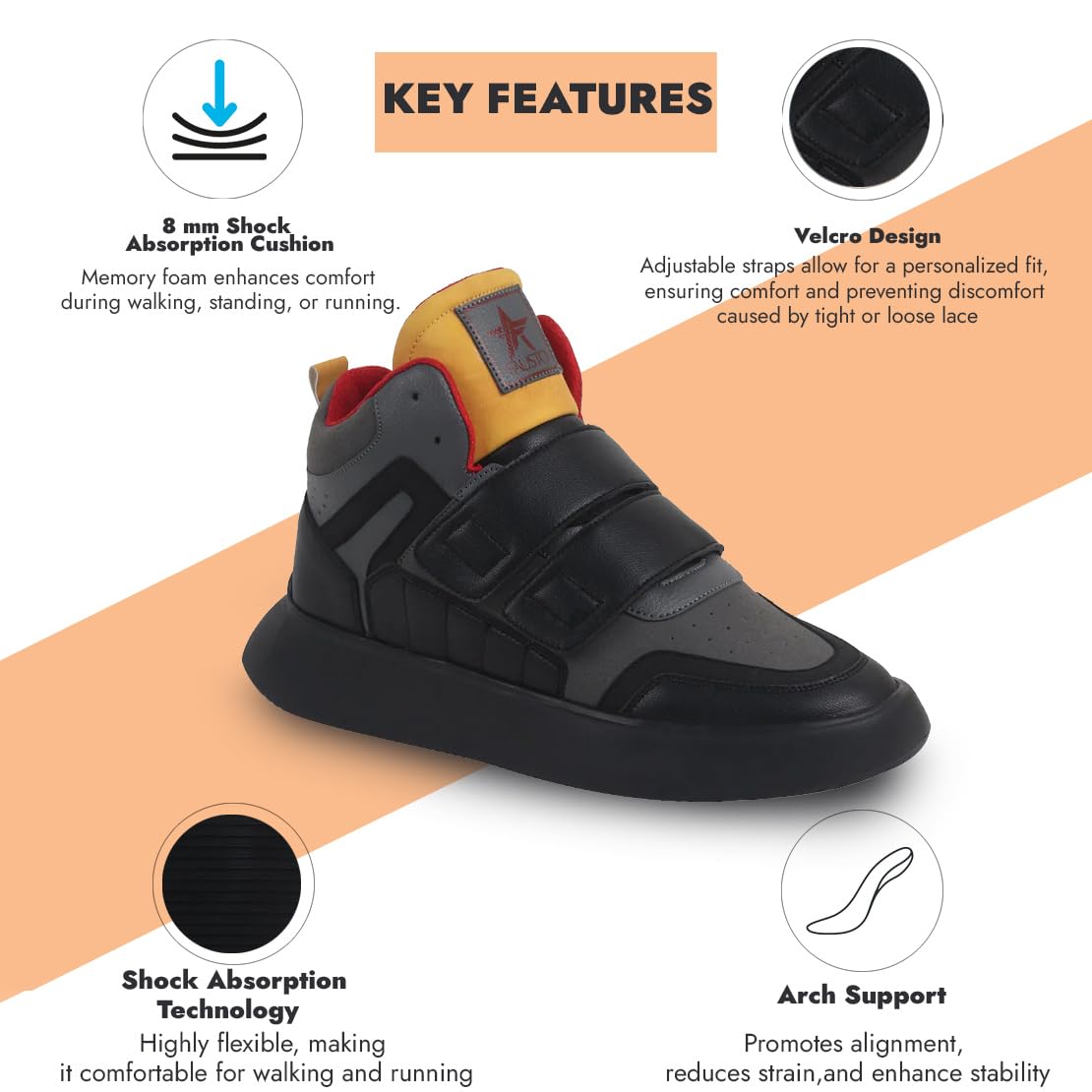 FAUSTO Men's Colorblocked High Top Hook and Loop Adjustable Fasteners Adjustable Classic Sneakers|Memory Cushion Insole|Street Fashion Hi - Top Sneakers - Pickkart