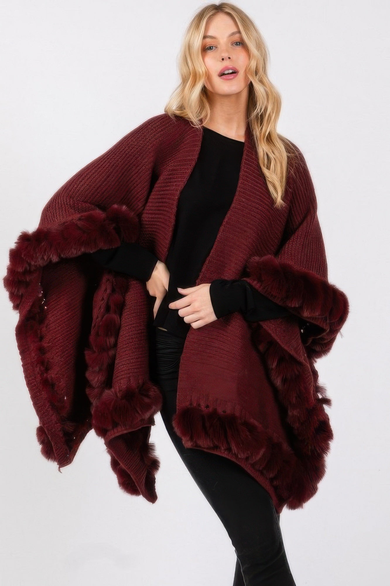Faux Fur Trim Cape With Closure - Pickkart