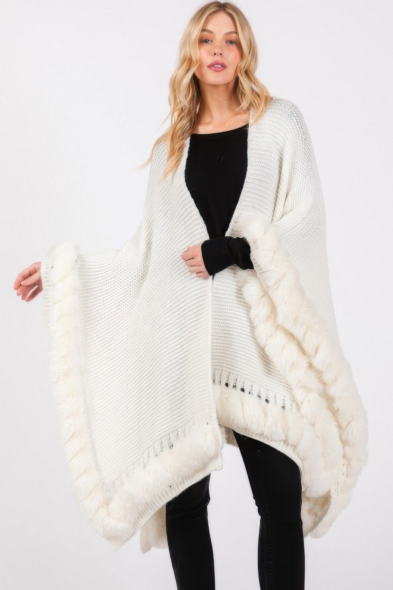 Faux Fur Trim Cape With Closure - Pickkart