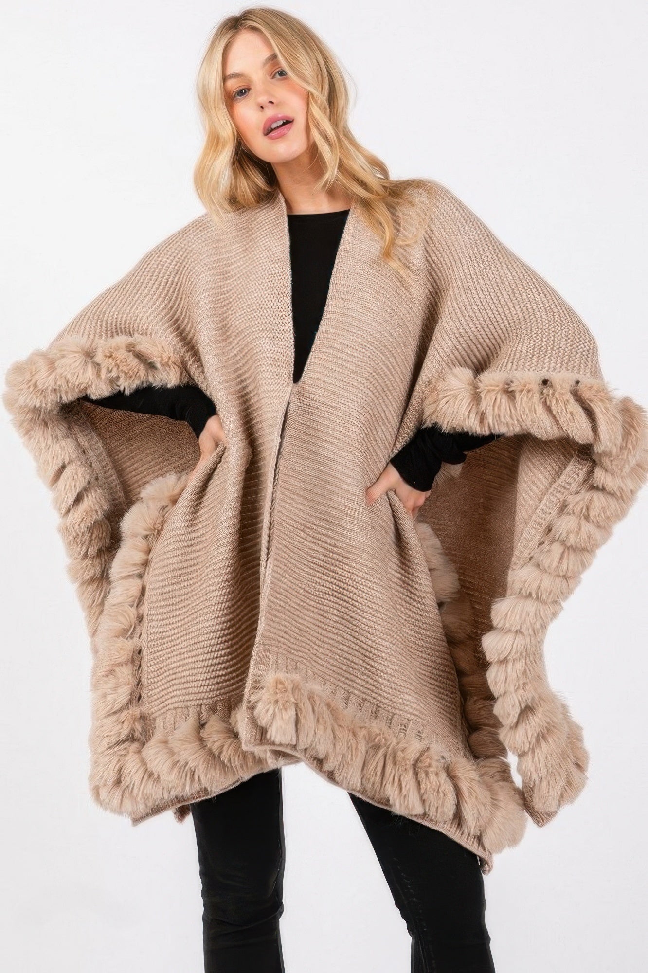 Faux Fur Trim Cape With Closure - Pickkart