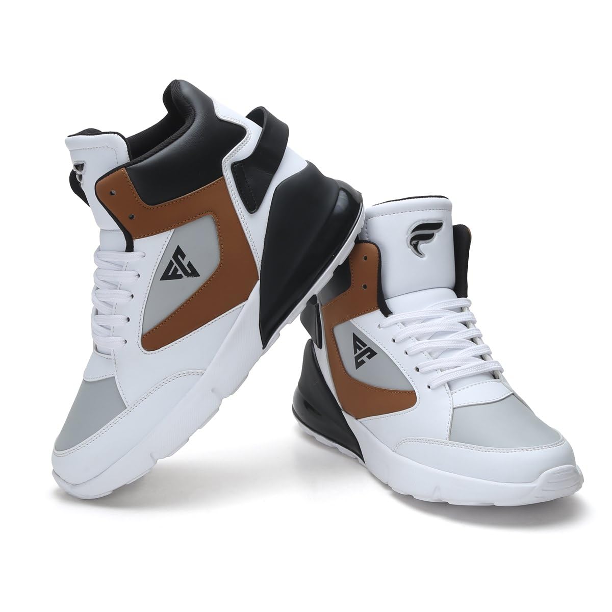 FIELD CARE High - Top Athletic Sneakers, White and Tan Colour Block Design, Lace - up Sports Shoes with Black Accents - Pickkart