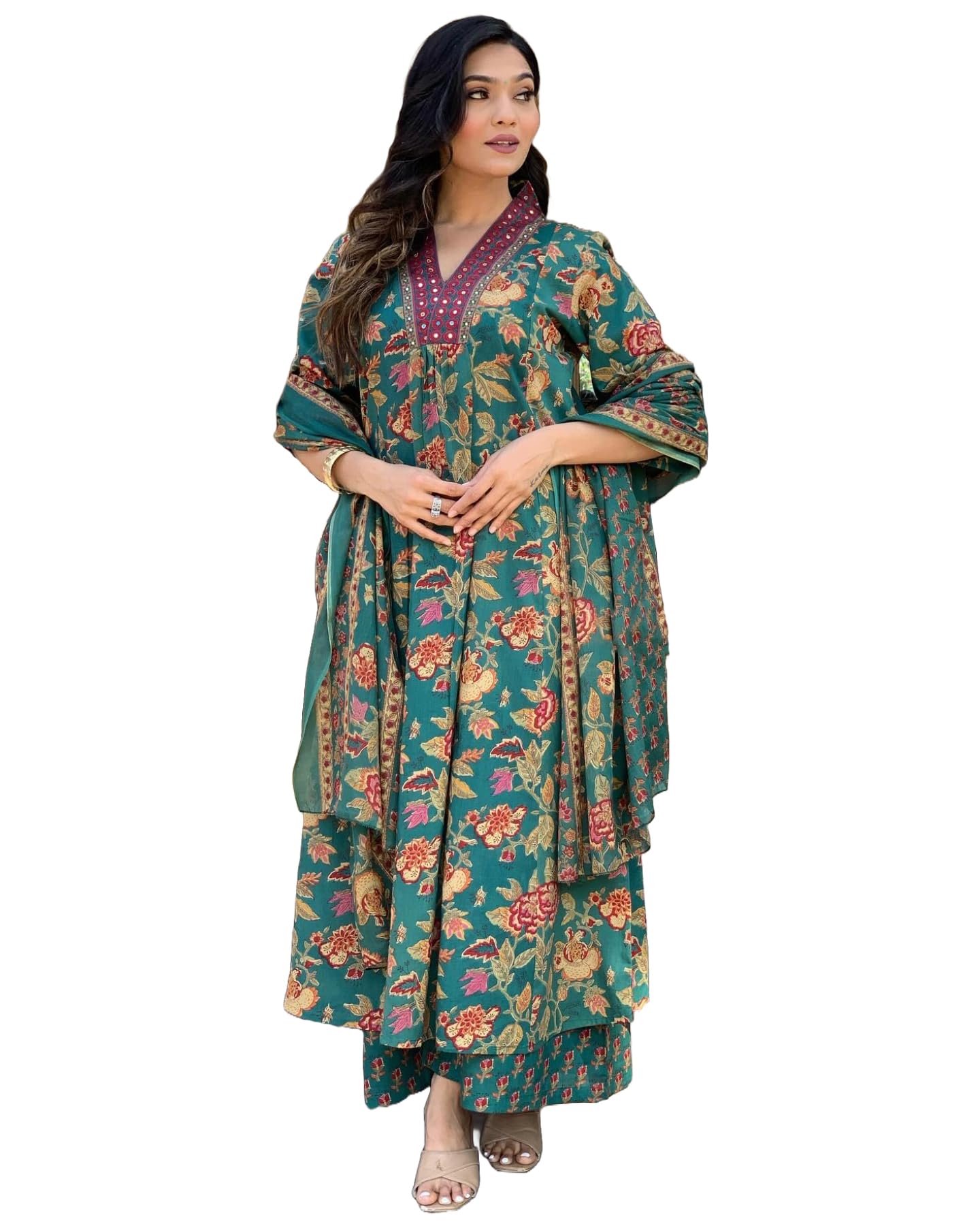 GoSriKi Women's Rayon Viscose Anarkali Printed Kurta with Palazzo & Dupatta - Pickkart