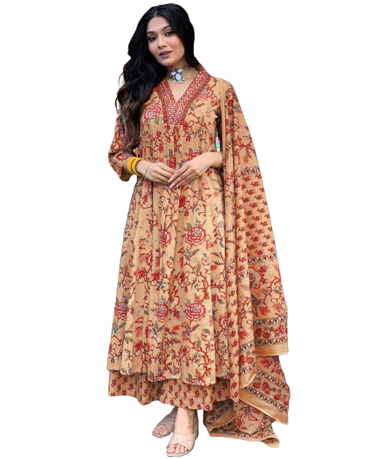 GoSriKi Women's Rayon Viscose Anarkali Printed Kurta with Palazzo & Dupatta - Pickkart