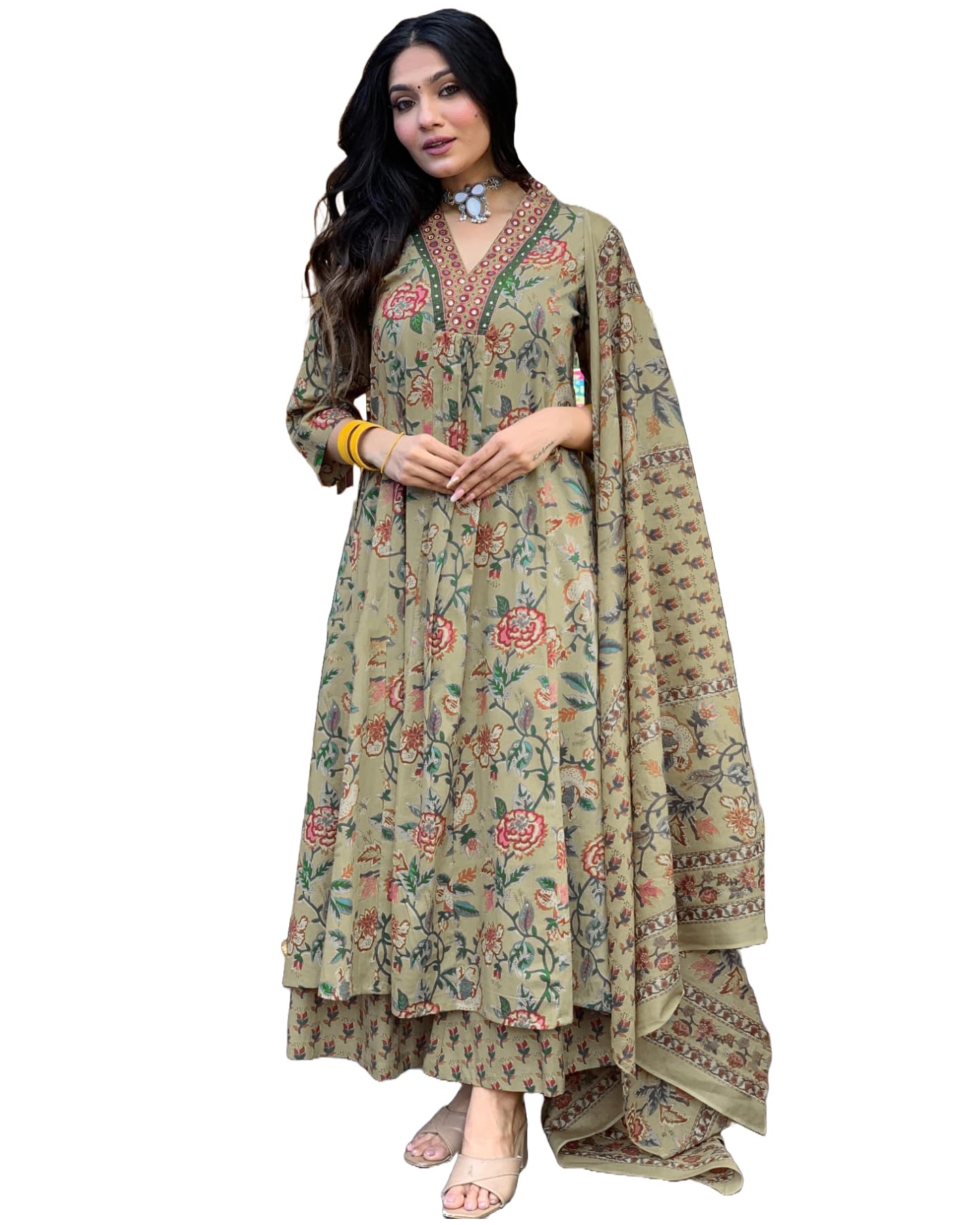 GoSriKi Women's Rayon Viscose Anarkali Printed Kurta with Palazzo & Dupatta - Pickkart