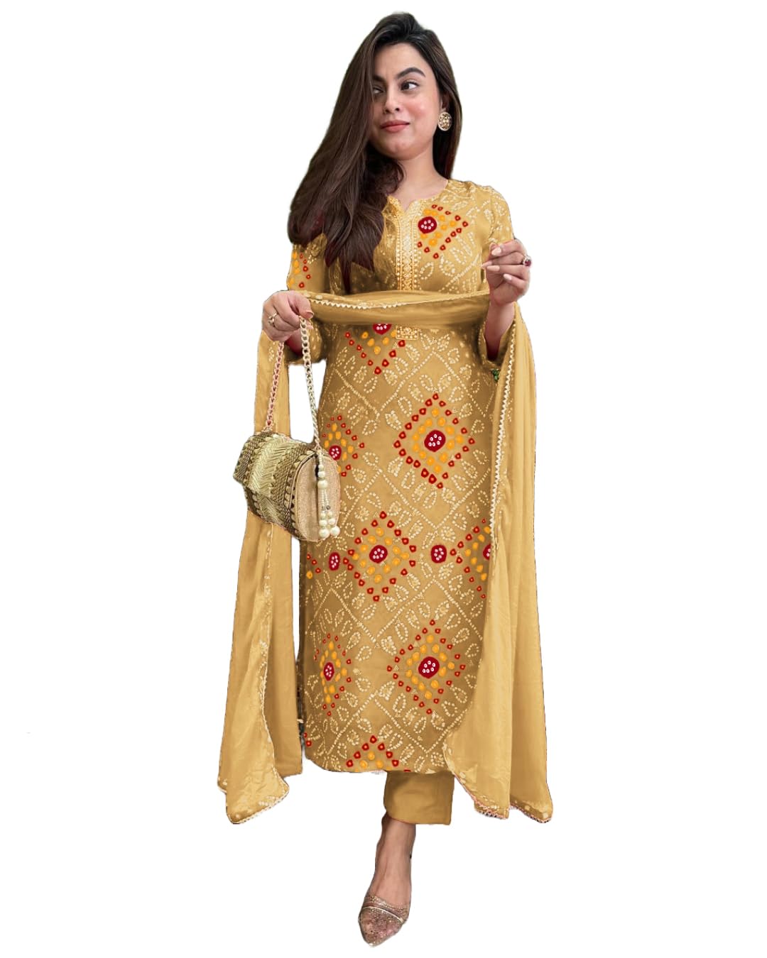 GoSriKi Women's Rayon Viscose Straight Bandhej Printed Kurta with Pant & Dupatta - Pickkart