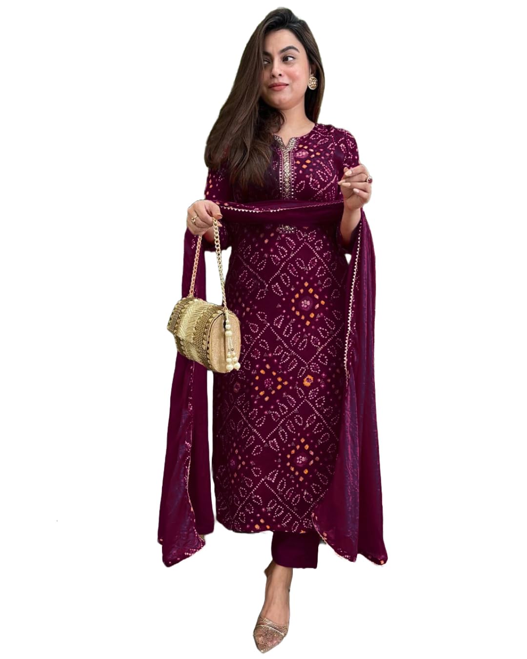 GoSriKi Women's Rayon Viscose Straight Bandhej Printed Kurta with Pant & Dupatta - Pickkart