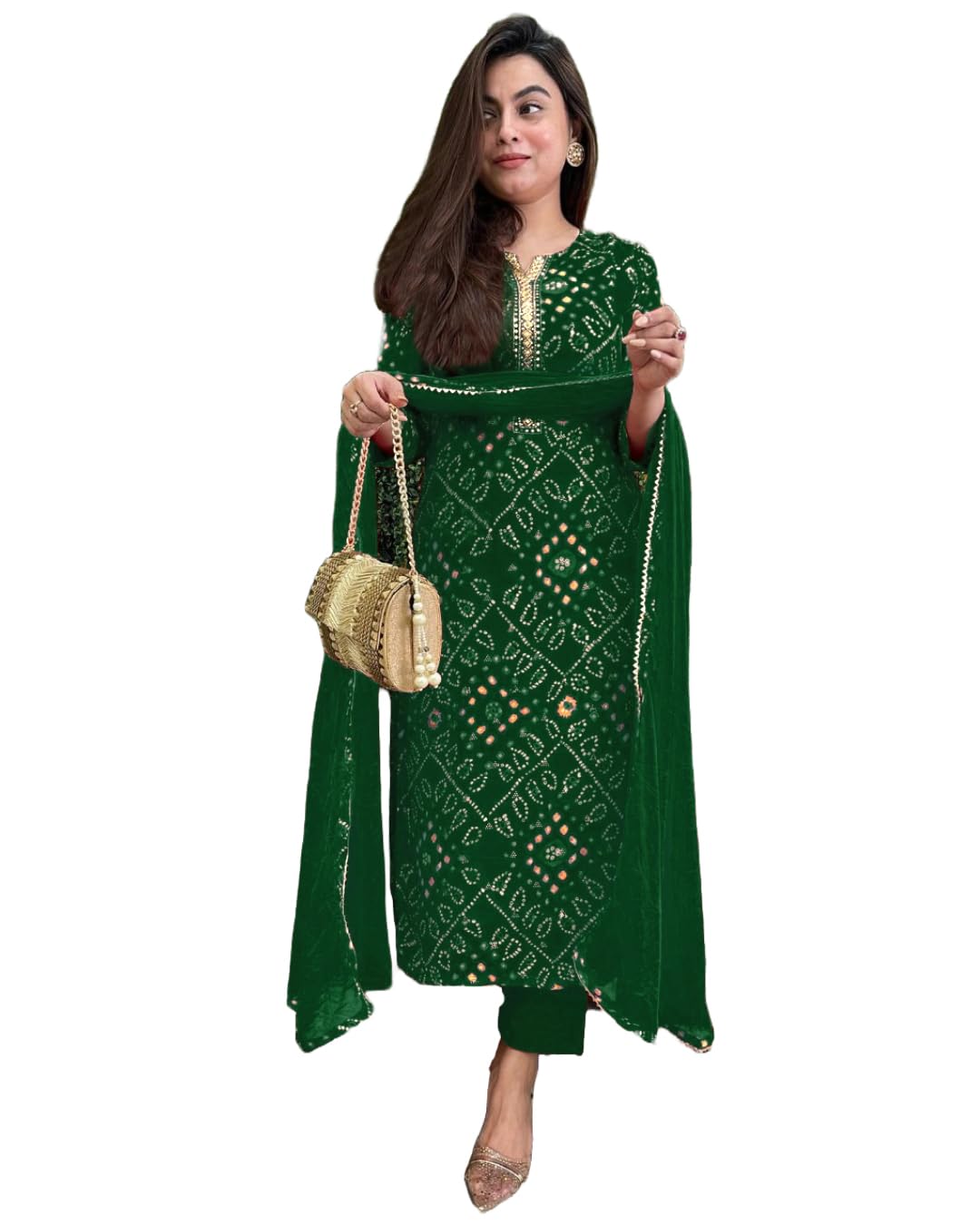 GoSriKi Women's Rayon Viscose Straight Bandhej Printed Kurta with Pant & Dupatta - Pickkart