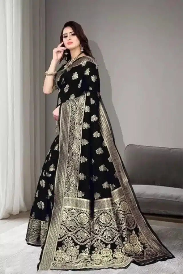 Jacquard Foil Printed Saree for Women (Black, 6.3 m) - Pickkart