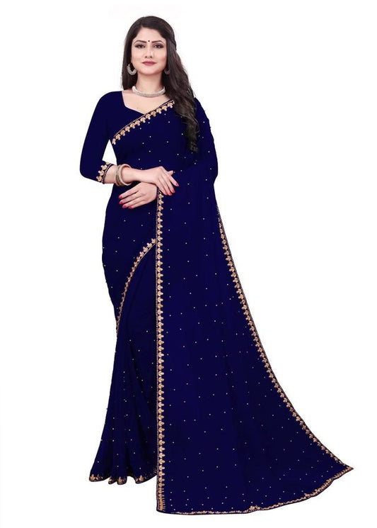 Lycra Blend Solid Saree for Women (Navy Blue, 6.3 m) - Pickkart