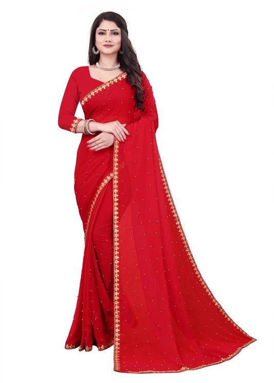Lycra Blend Solid Saree for Women (Red, 6.3 m) - Pickkart