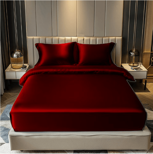 Maroon Premium Satin Elastic Fitted Sheets with 2 Pillow Covers - Pickkart