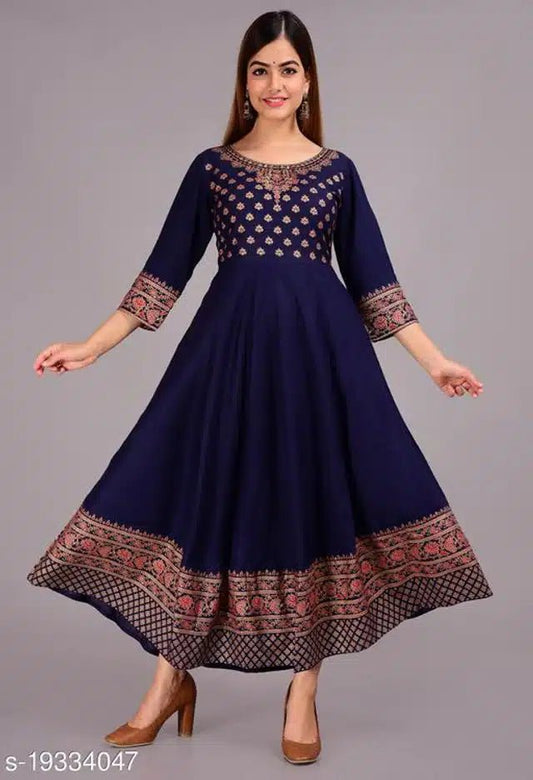 Rayon Printed Anarkali Kurti for Women (Blue, S) - Pickkart