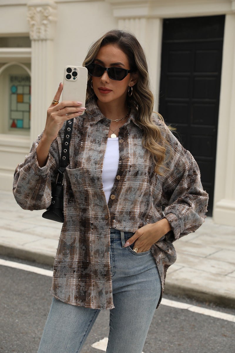 Street Style Plaid Shirt Women's Ripped Top Pocket Long Sleeve Coat - Pickkart