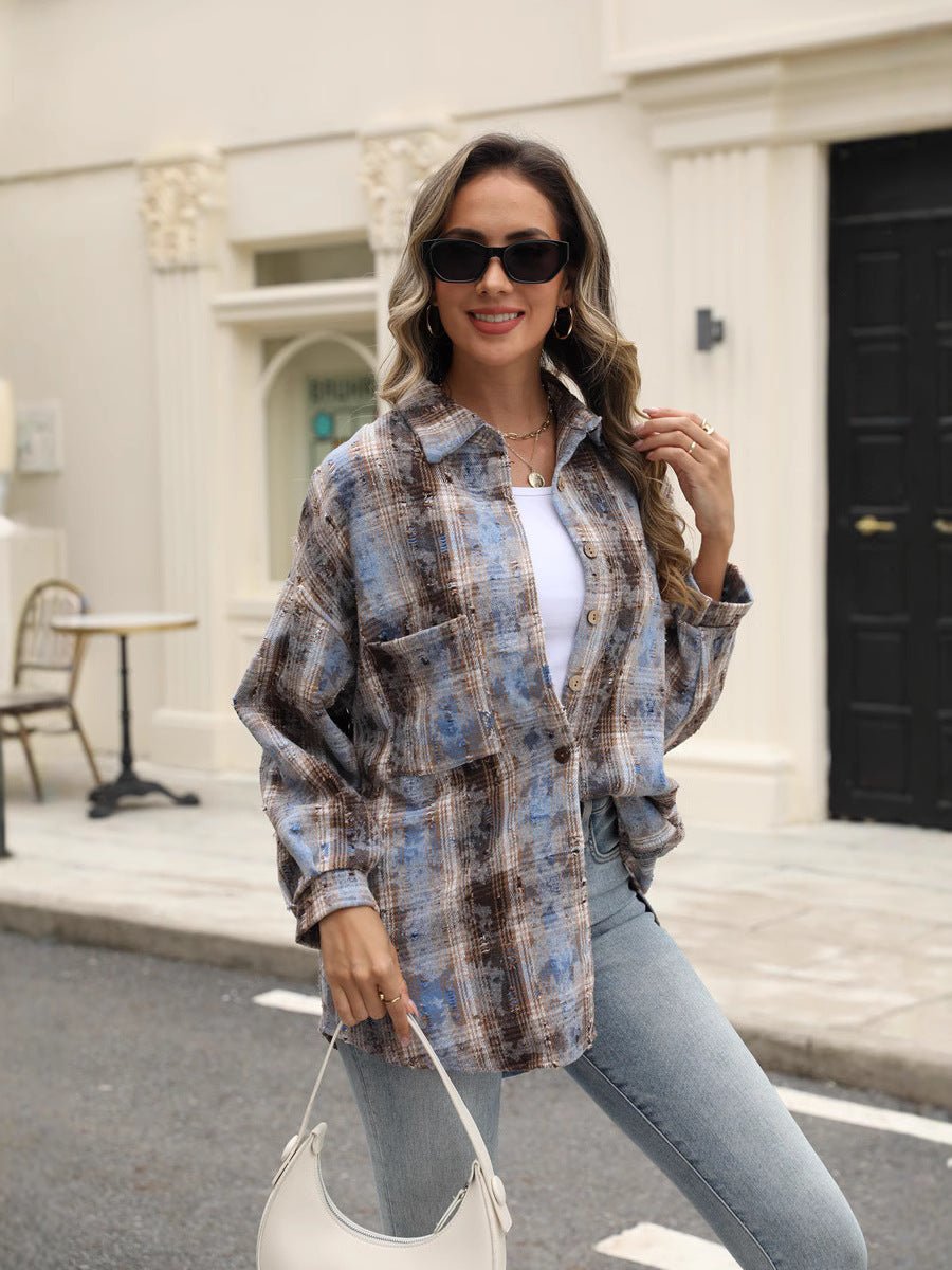 Street Style Plaid Shirt Women's Ripped Top Pocket Long Sleeve Coat - Pickkart