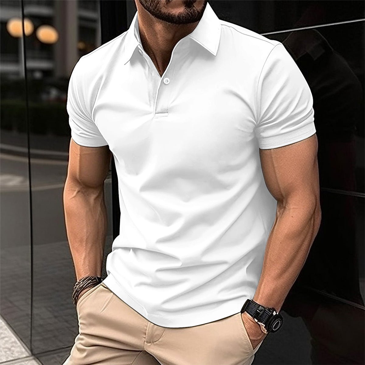 Summer Short Sleeve Polo Shirt Men Solid Color Button Lapel Button Top - Pickkart