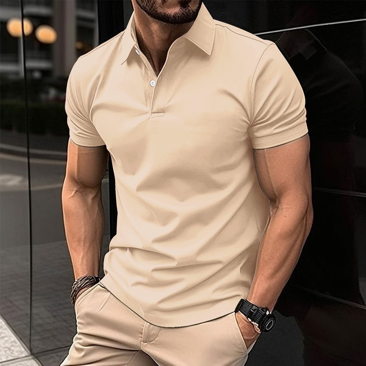 Summer Short Sleeve Polo Shirt Men Solid Color Button Lapel Button Top - Pickkart