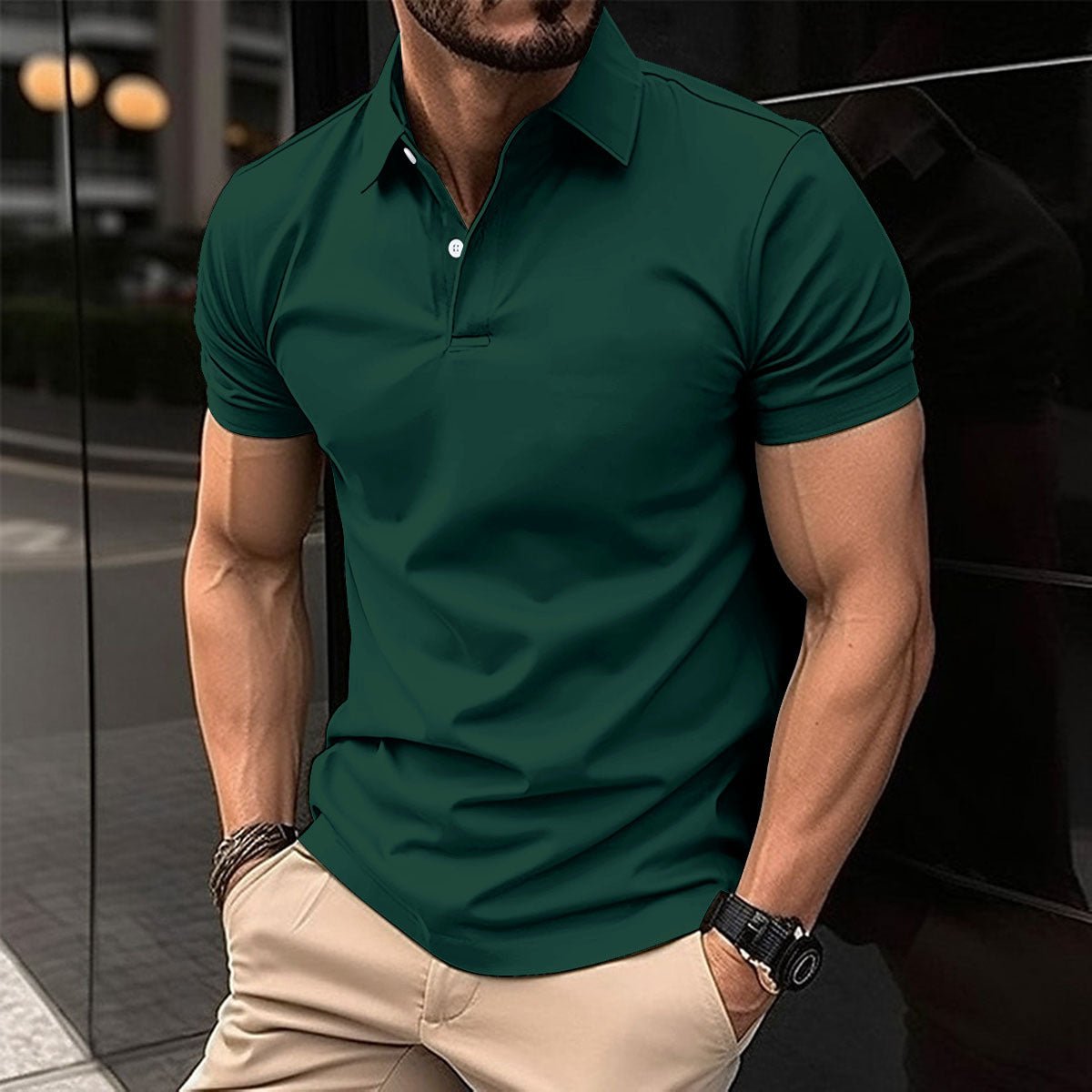 Summer Short Sleeve Polo Shirt Men Solid Color Button Lapel Button Top - Pickkart