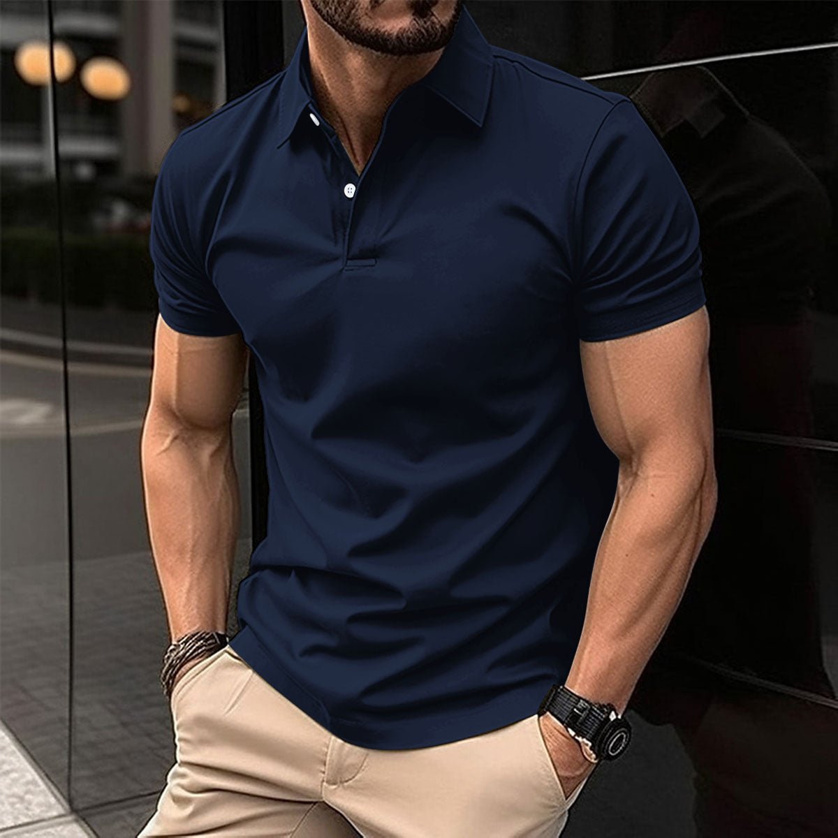 Summer Short Sleeve Polo Shirt Men Solid Color Button Lapel Button Top - Pickkart