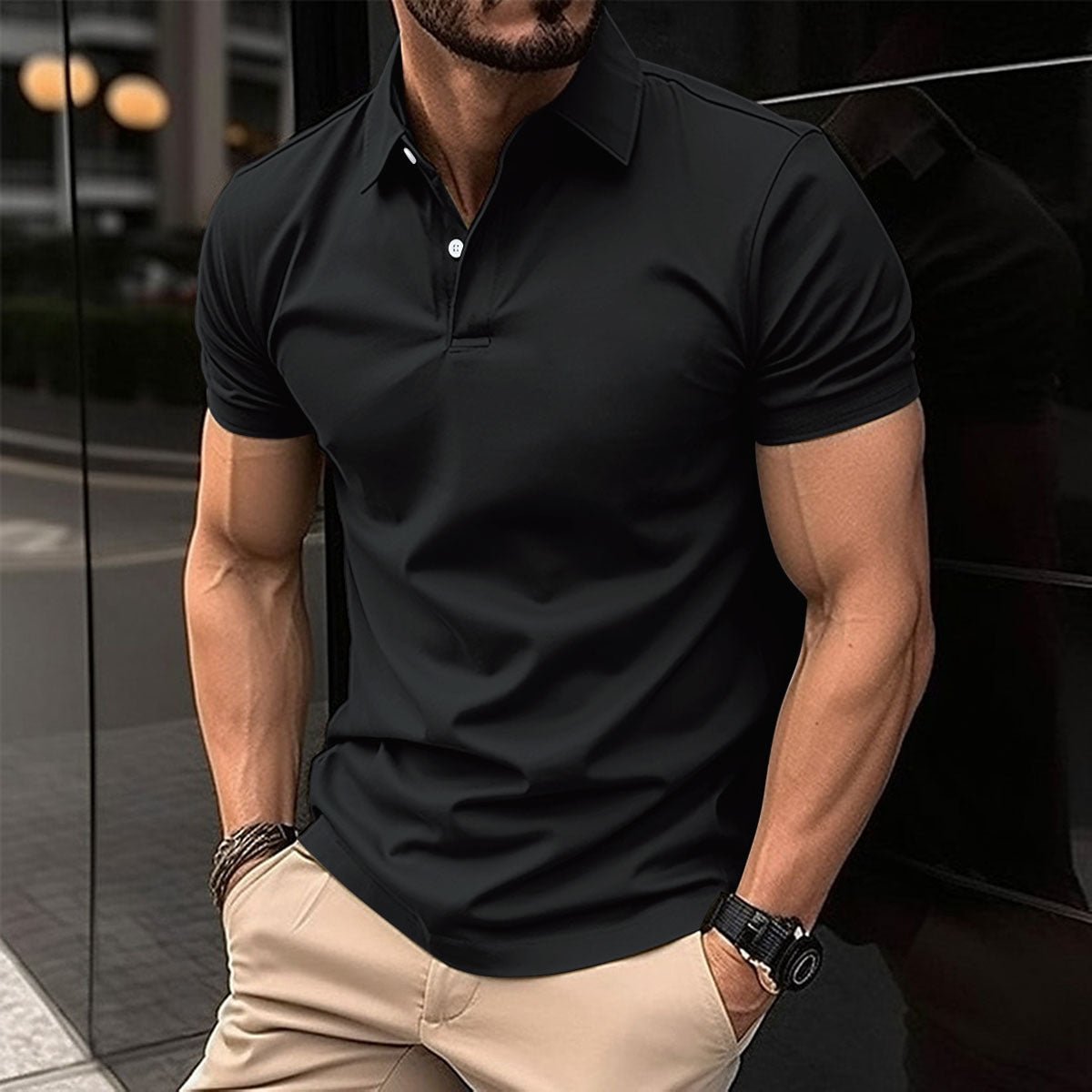 Summer Short Sleeve Polo Shirt Men Solid Color Button Lapel Button Top - Pickkart