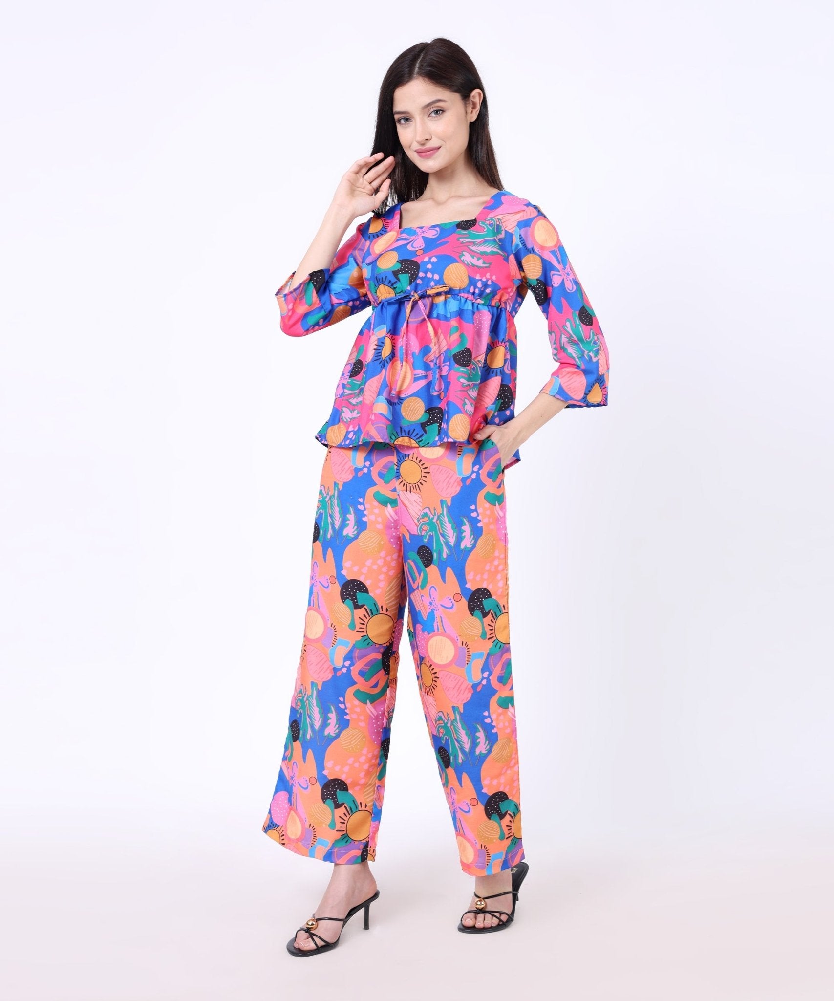 The Seamsters Crew Women's Colourful Free Flowing Abstract Printed Top With Trouser Co - ord Set - Pickkart