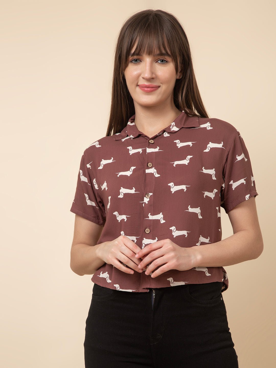 The Seamsters Crew Women's Short Sleeve Shirt Collar Dog Printed Rayon Casual Shirt - Pickkart