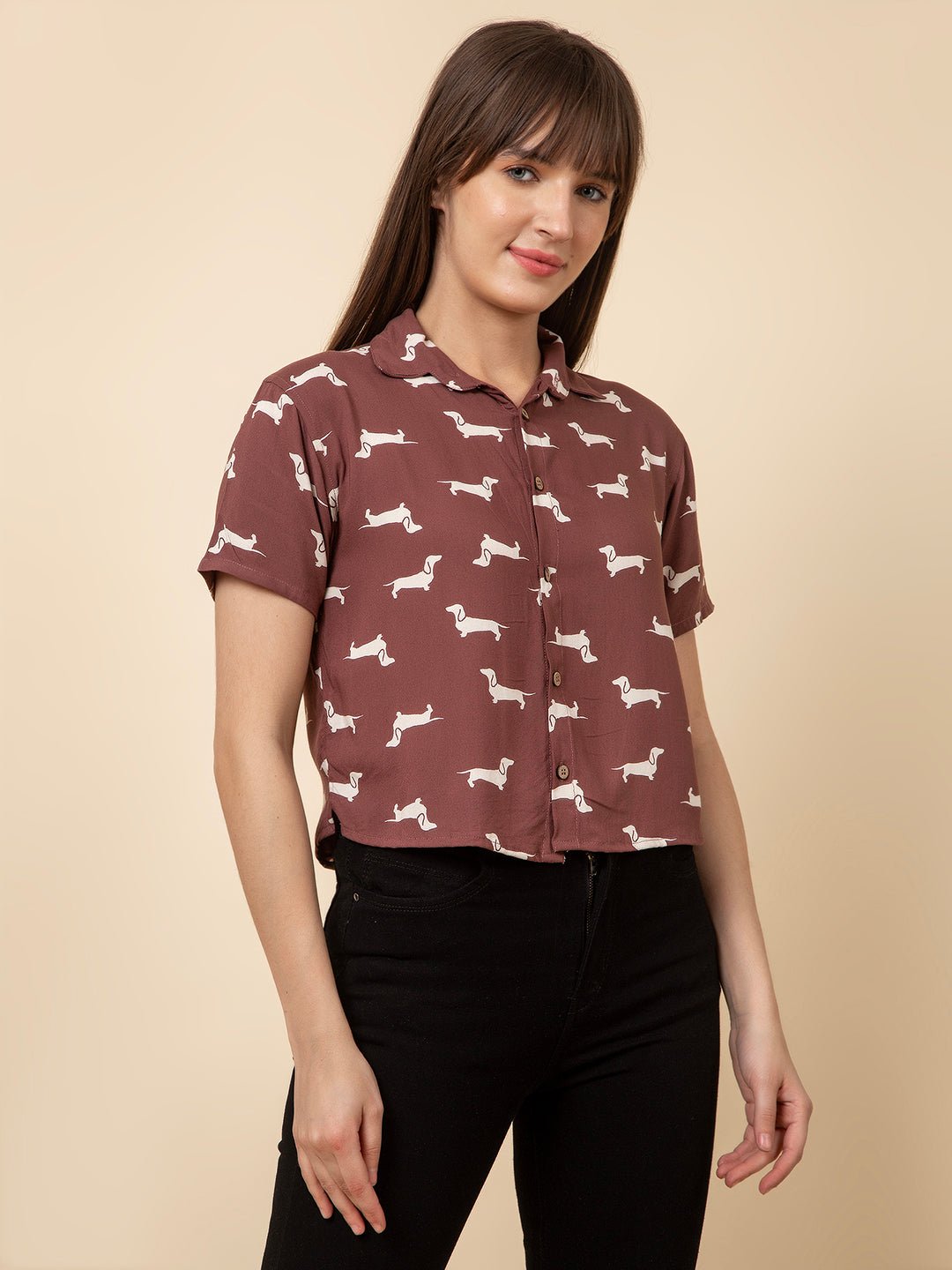 The Seamsters Crew Women's Short Sleeve Shirt Collar Dog Printed Rayon Casual Shirt - Pickkart