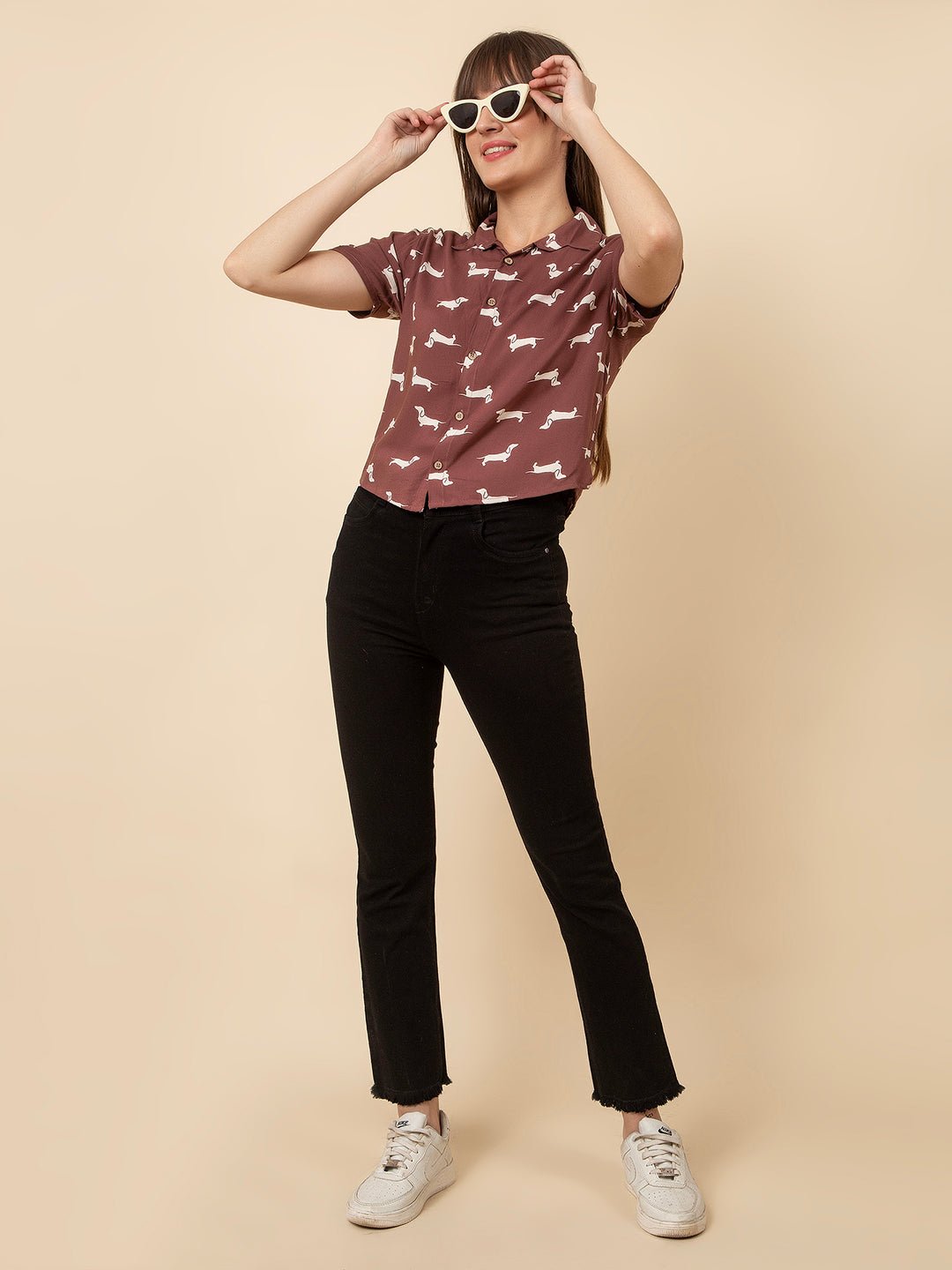 The Seamsters Crew Women's Short Sleeve Shirt Collar Dog Printed Rayon Casual Shirt - Pickkart