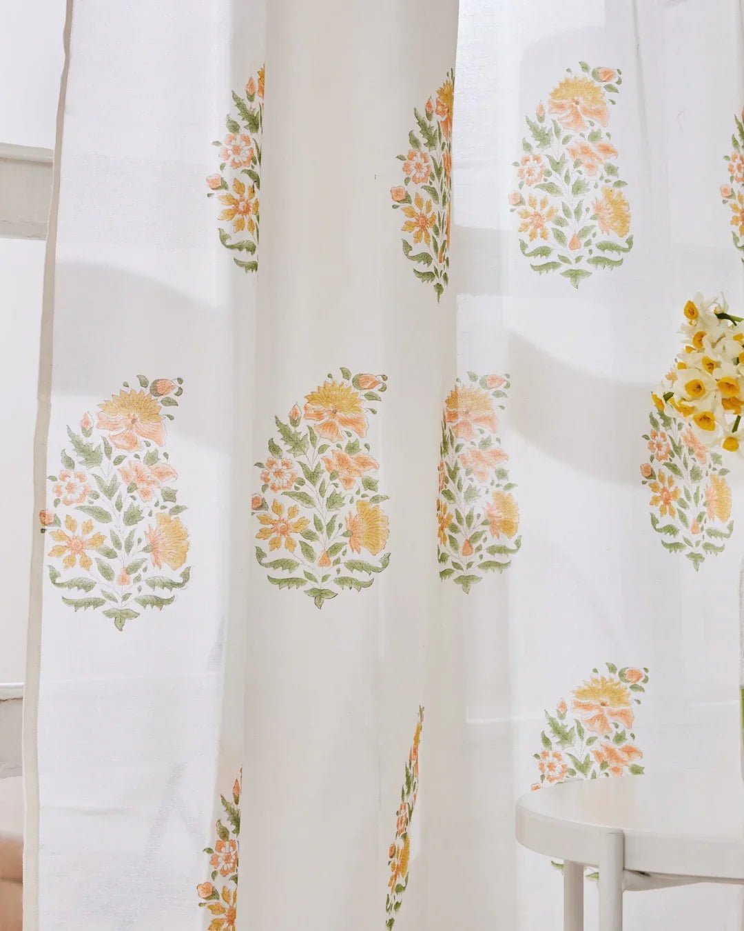 White & Yellow Hand Block Printed Linen Curtains | Floral Bouquet Design - Pickkart
