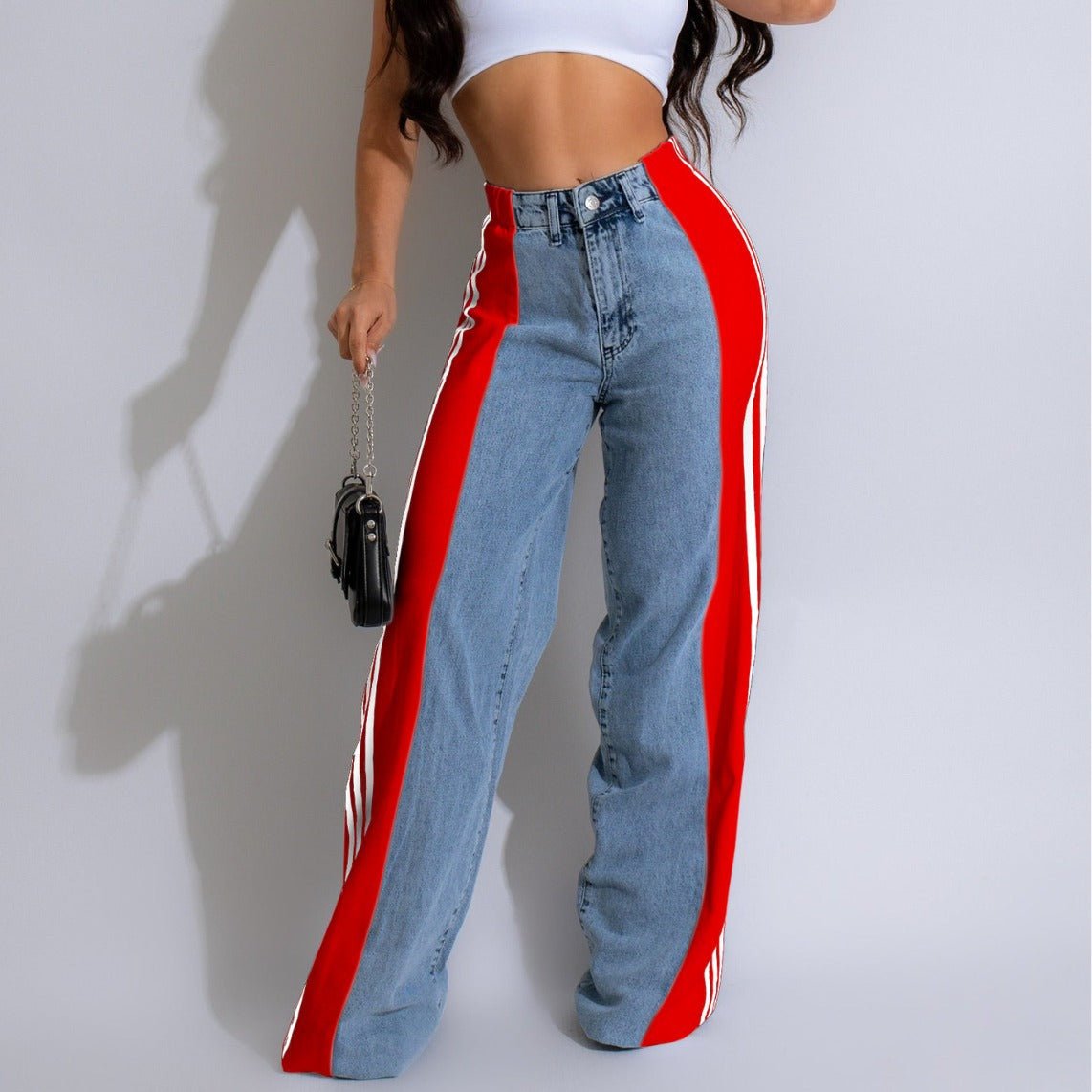 2024 Fashion Casual High Waist Elastic Straight Leg Trousers Three Stripe Patchwork Denim Wide Leg Pants Streetwear - Pickkart