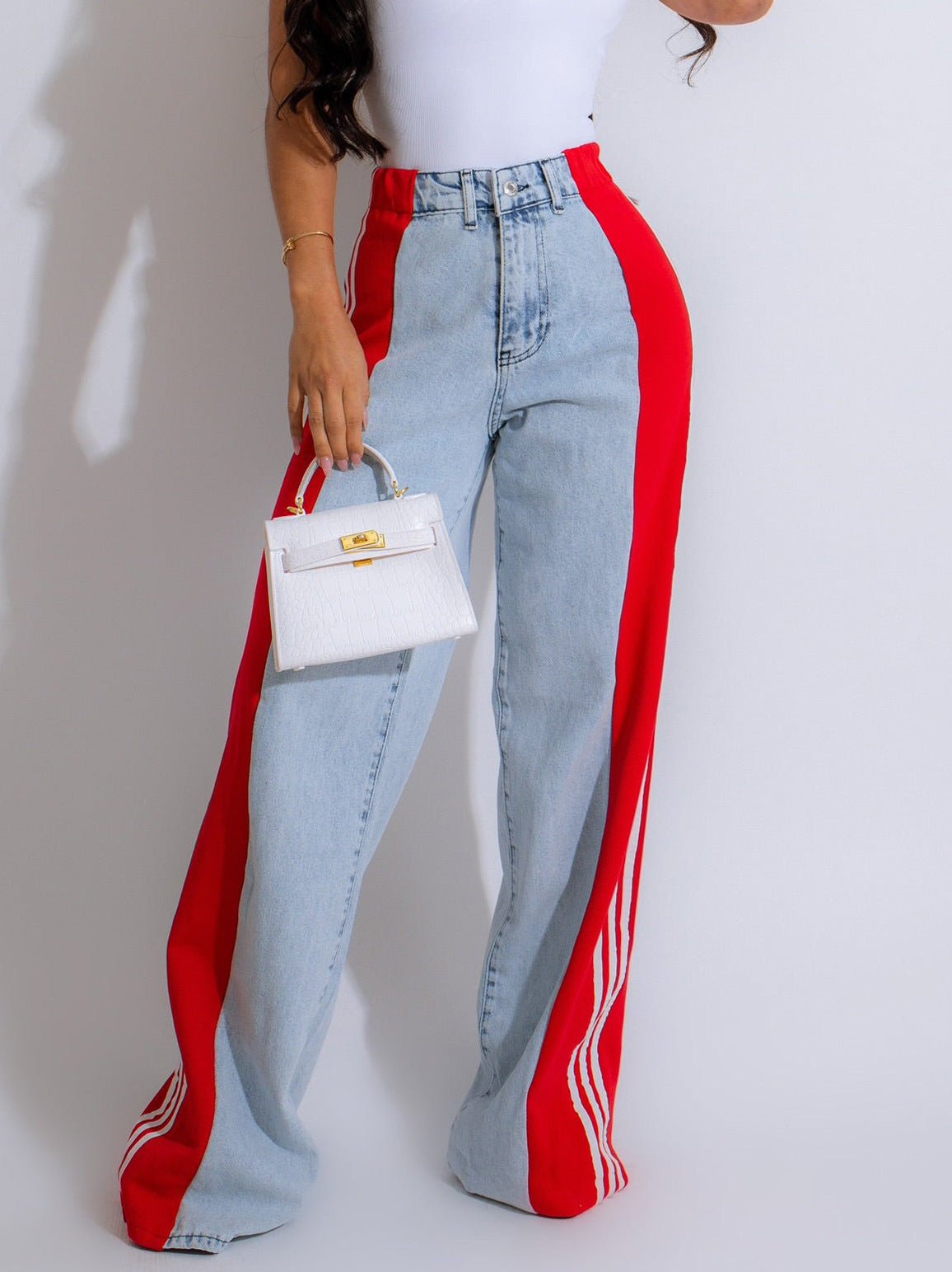 2024 Fashion Casual High Waist Elastic Straight Leg Trousers Three Stripe Patchwork Denim Wide Leg Pants Streetwear - Pickkart