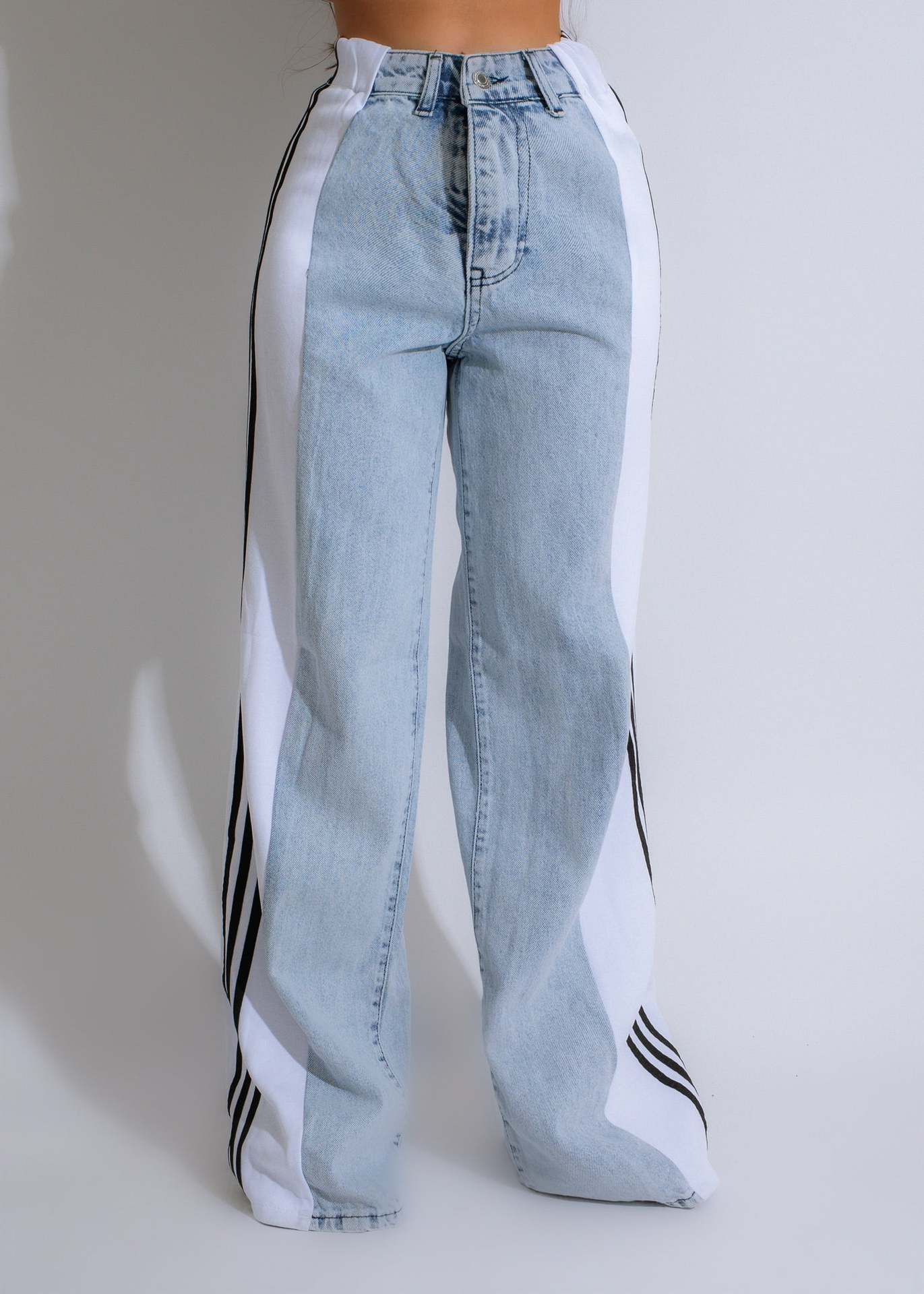 2024 Fashion Casual High Waist Elastic Straight Leg Trousers Three Stripe Patchwork Denim Wide Leg Pants Streetwear - Pickkart
