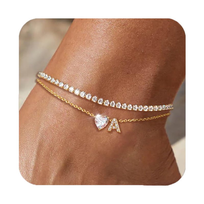 26 Letters Loving Heart Zircon Inlaid Layered Anklet - Pickkart