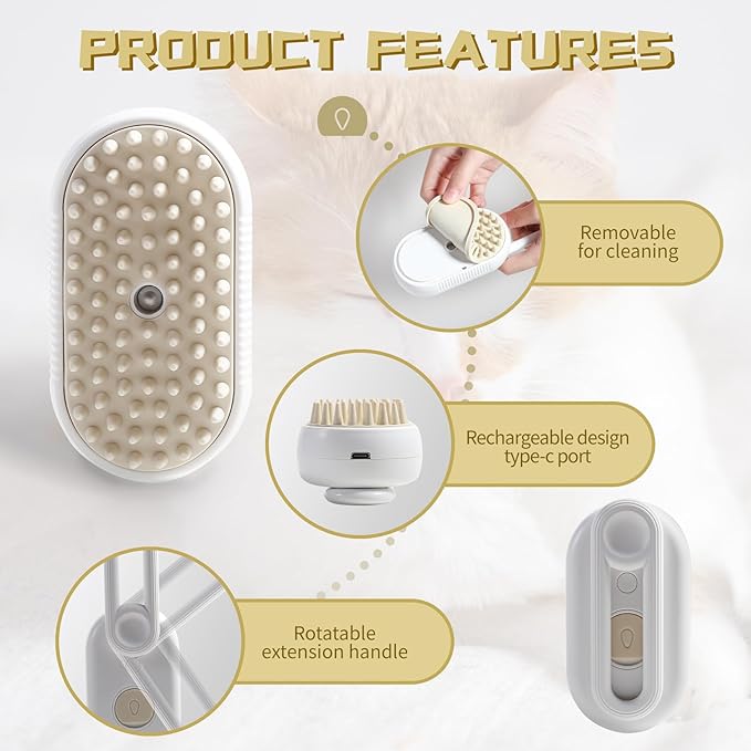 3 - in - 1 Steam Brush with Steamer - Suitable for Cats, Dogs and All Pets (White) - Pickkart