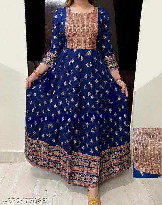 Anarkali Rayon Printed Kurti for Women (Royal Blue & Peach, S) - Pickkart