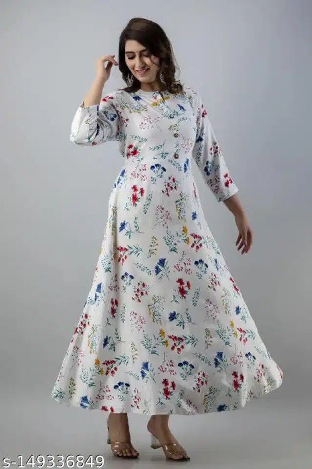 Anarkali Rayon Printed Kurti for Women (White & Blue, M) - Pickkart